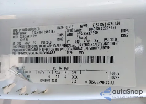 2018 Ford Escape Se z USA, uszkodzony, nr VIN 1FMCU9GD4JUB16483